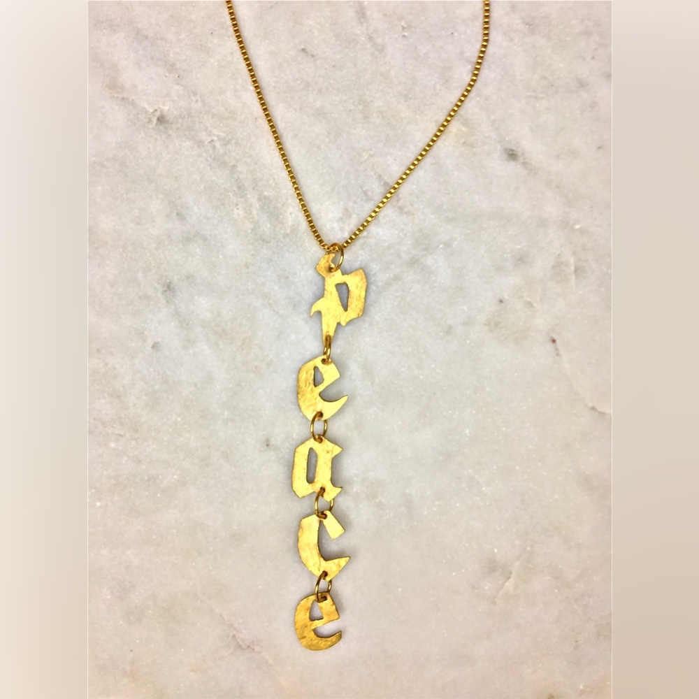 Gold Peace Necklace, handcrafted peace gold tone pendant w/24k gold plated chain - Picture 3 of 15